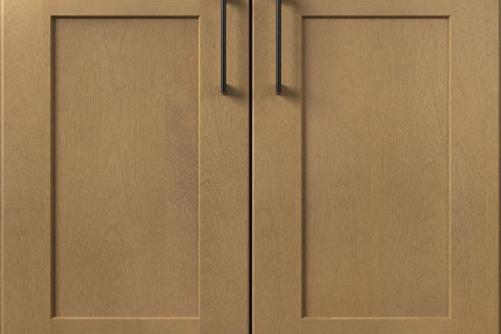Galaxy door fronts in the warm Timber stain — a popular two-tone pairing with a Frost perimeter — official Fabuwood render