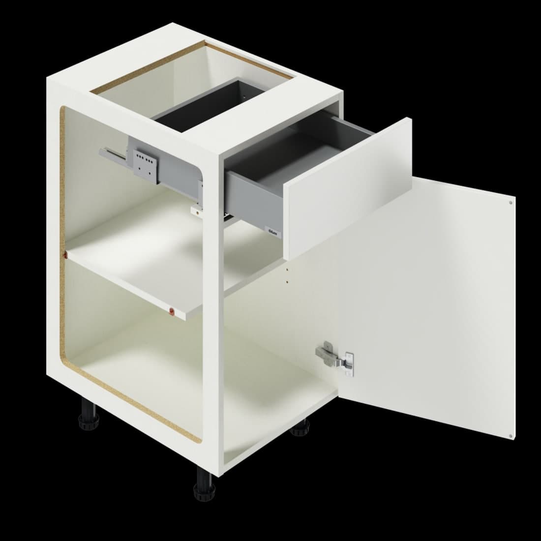 Illume construction cutaway — reinforced metal drawer system and adjustable legs — official Fabuwood render